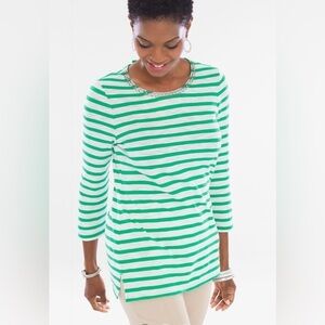 Chico's Green Striped Embellished Neckline Top Nautical 570219542 Size 16